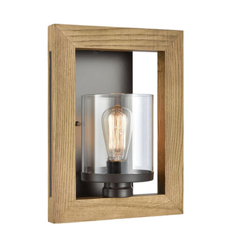 METI: Warm Chestnut Wood Frame Clear Glass Shade Wall Light