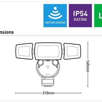 Onyx Triple Head LED Security Flood Light With PIR Sensor