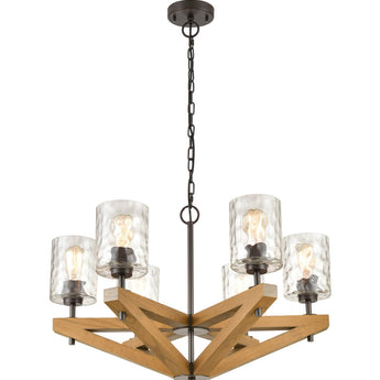 VOTIF Retro Interior Candelabra Oak Wood with Clear Blown Dimpled Glass Pendant Light